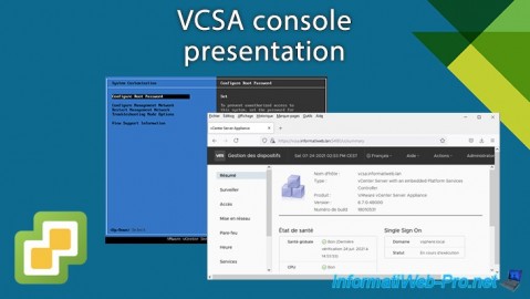Presentation of the VCSA (VMware vCenter Server Appliance) console in a VMware vSphere 6.7 infrastructure